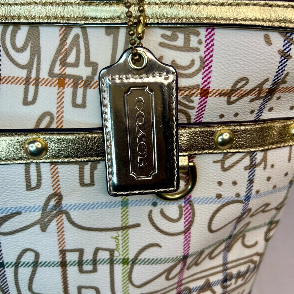 Coach Tattersall Graffiti Tote Gold/Cream Pink Lining Style F13187 Excellent - Picture 5 of 15
